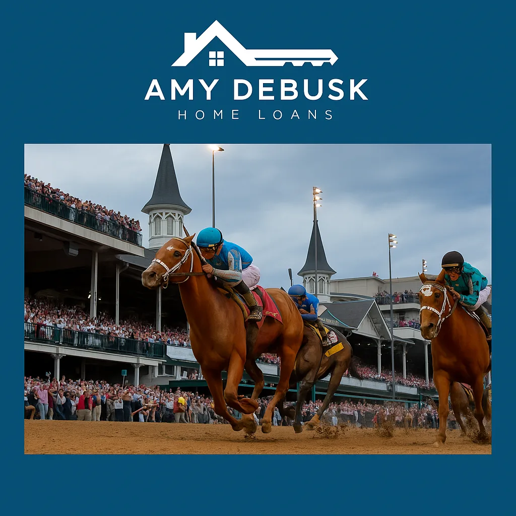 Racehorses sprint down the track at Churchill Downs during a major horse racing event, with jockeys pushing toward the finish line and a packed grandstand cheering loudly. The image is framed in Amy DeBusk Home Loans' signature blue with the Amy DeBusk Home Loans logo, creating a dynamic visual that symbolizes speed, momentum, and the excitement of moving forward, just like the journey to homeownership.