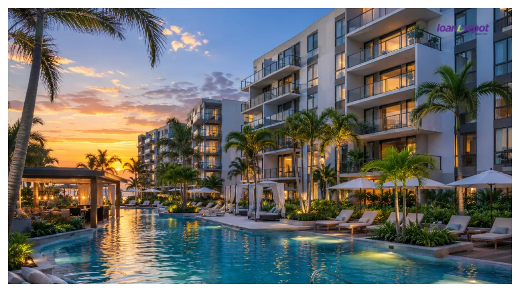Luxury condominium community with a resort style swimming pool, palm trees, private balconies, and modern amenities at sunset, representing condo homeownership and lifestyle living.