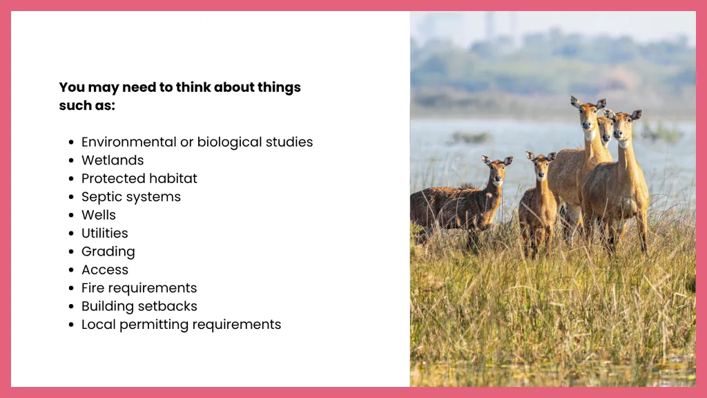 Custom construction planning graphic showing wildlife in a natural habitat alongside land development considerations, including environmental studies, wetlands, protected habitats, septic systems, wells, utilities, grading, access, fire requirements, building setbacks, and local permitting requirements.