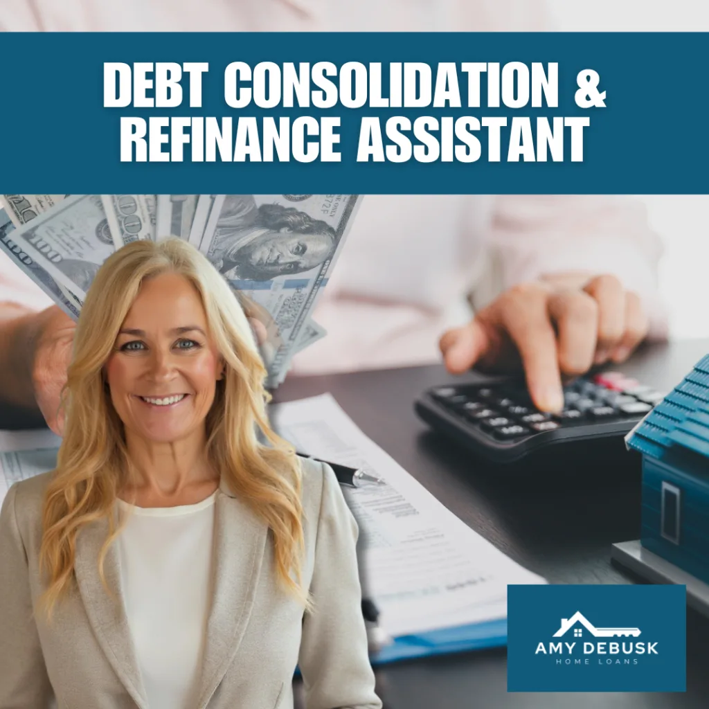 Debt consolidation and refinance assistant helping homeowners reduce payments and simplify finances.