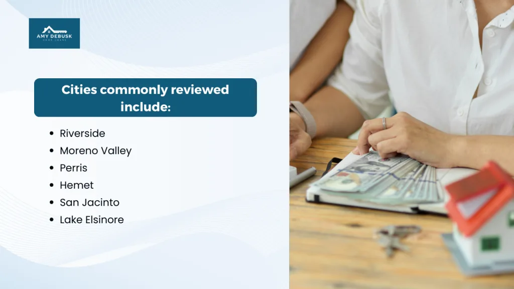 Graphic listing cities commonly reviewed for down payment assistance and grant programs in Riverside County including Riverside, Moreno Valley, Perris, Hemet, San Jacinto, and Lake Elsinore.