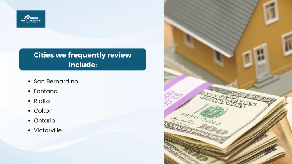 Graphic showing cities frequently reviewed for down payment assistance and first time homebuyer programs in San Bernardino County including San Bernardino, Fontana, Rialto, Colton, Ontario, and Victorville.