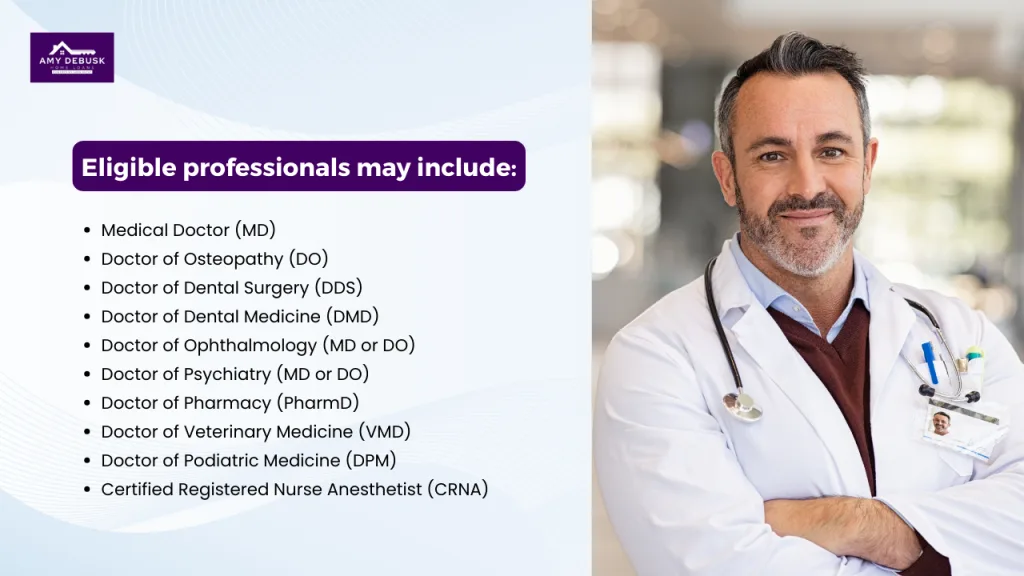 Graphic listing medical professionals eligible for physician mortgage programs including MD, DO, DDS, DMD, PharmD, VMD, DPM, and CRNA.