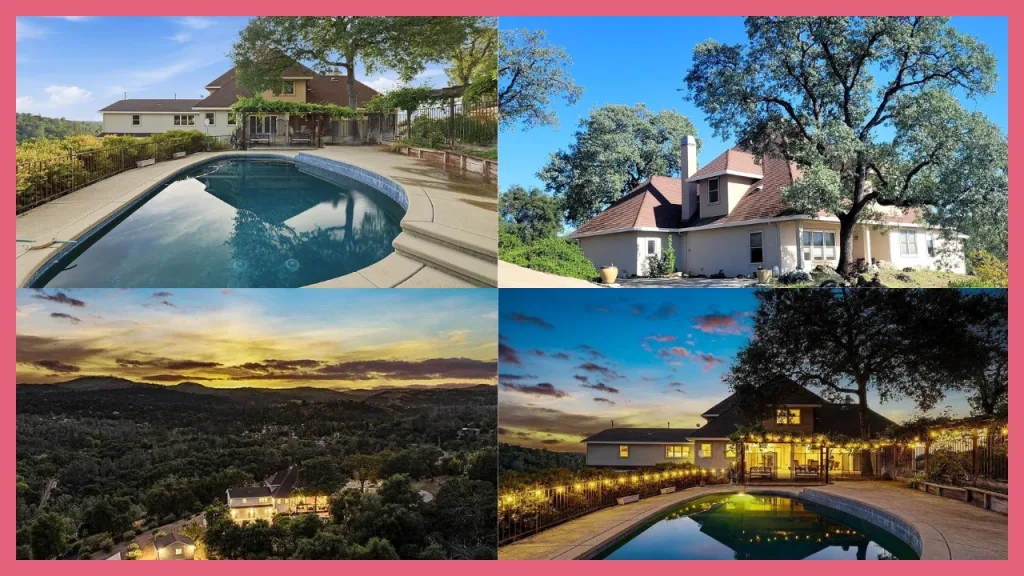 A collage of a multigenerational estate at 5525 Green Valley Road in Placerville, California, featuring a spacious custom home, swimming pool, mature oak trees, sweeping foothill views, and evening exterior lighting. The property illustrates the type of large home that can accommodate multiple generations while providing outdoor living space, privacy, and room to gather together.
