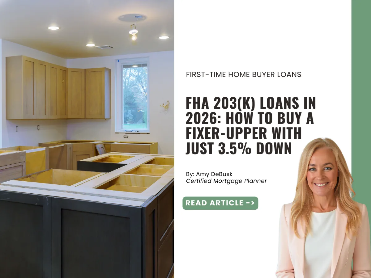 Marketing graphic for FHA 203(k) loans featuring a kitchen under renovation and information about buying a fixer upper with just 3.5% down in 2026.