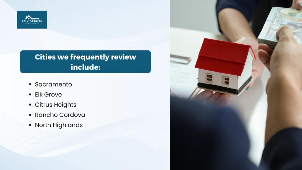 Graphic listing cities frequently reviewed for first time homebuyer grants and down payment assistance in the Sacramento area including Sacramento, Elk Grove, Citrus Heights, Rancho Cordova, and North Highlands.