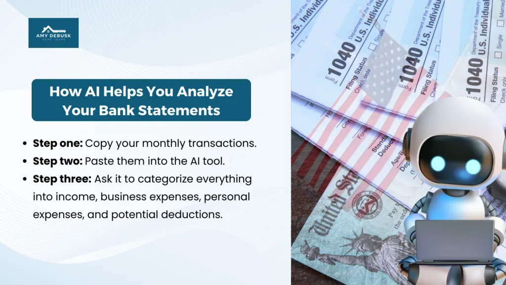 Illustration showing a friendly robot using a laptop next to tax forms and financial documents, alongside a text box explaining how AI can help analyze bank statements for income, expenses, and deductions.