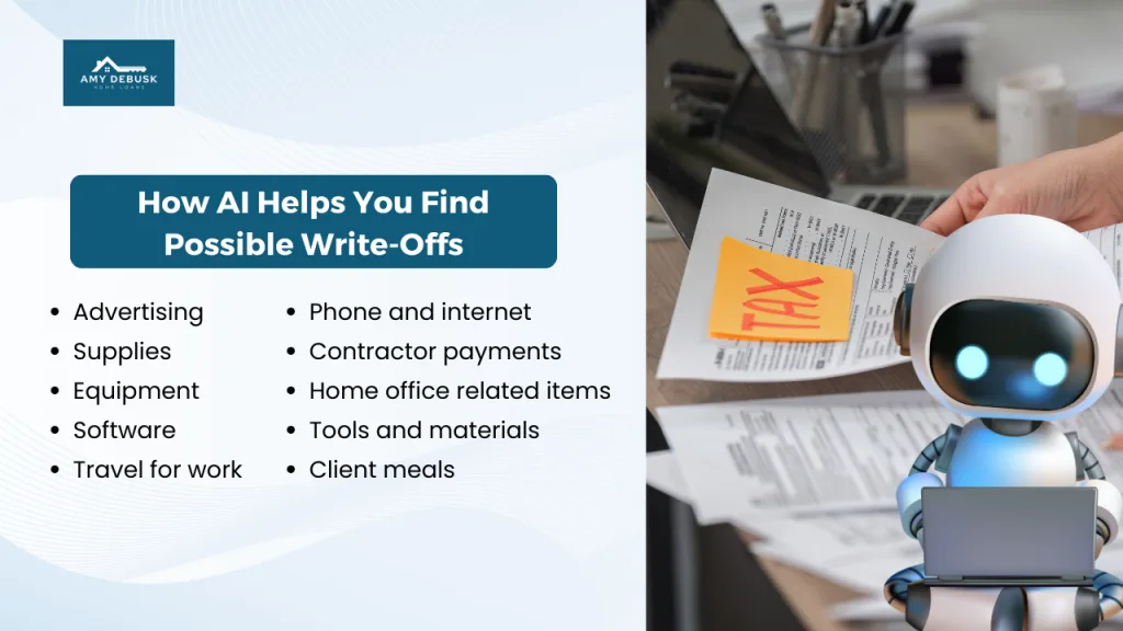 Graphic showing a robot using a laptop beside tax paperwork, paired with a list of common business expense categories that AI can help identify as possible write offs.