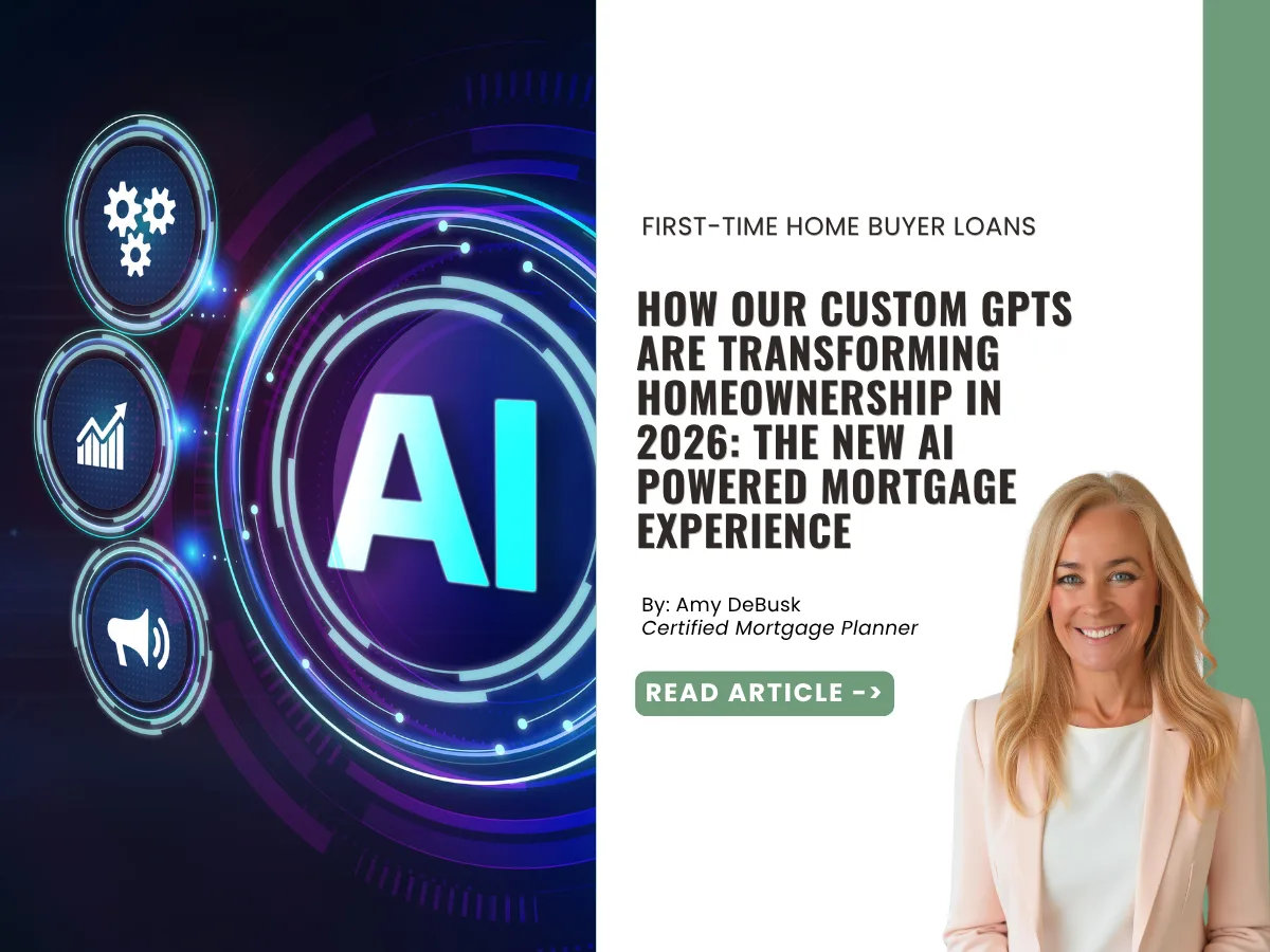 Cover image for a guide about AI powered mortgage tools, featuring a futuristic AI interface and explaining how custom GPTs are helping first time home buyers navigate the mortgage process.