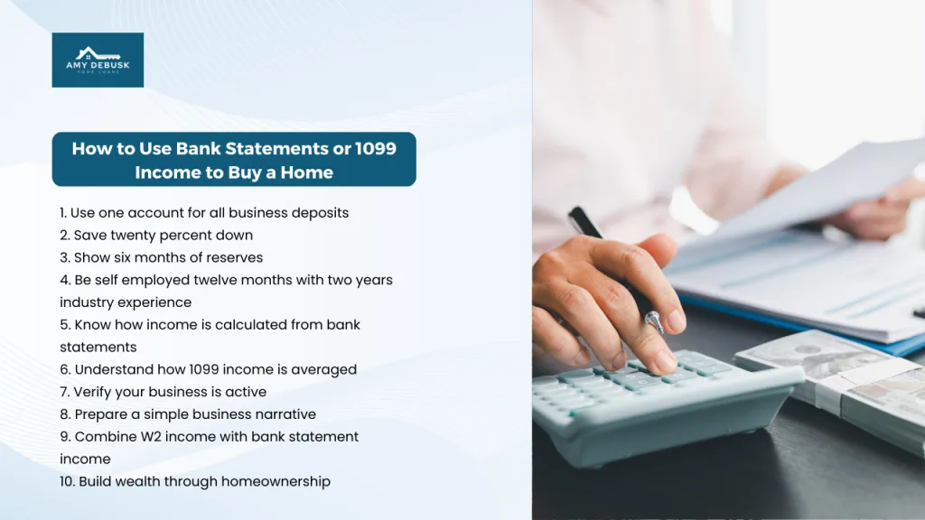 A calculator and someones hand and a graph talking about 1099 home loans in Sacramento by Amy DeBusk Home Loans, best mortgage broker in Sacramento Ca