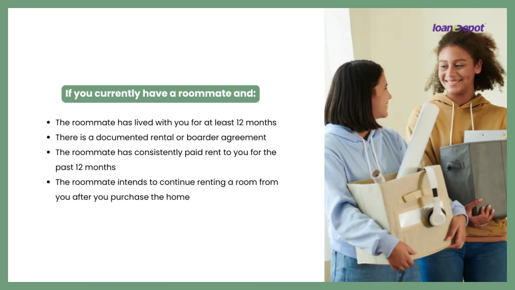 Infographic explaining when FHA loans may allow future boarder income for mortgage qualification, including roommate history, documented rental payments, and intent to continue renting after the home purchase, alongside two roommates moving into a home.