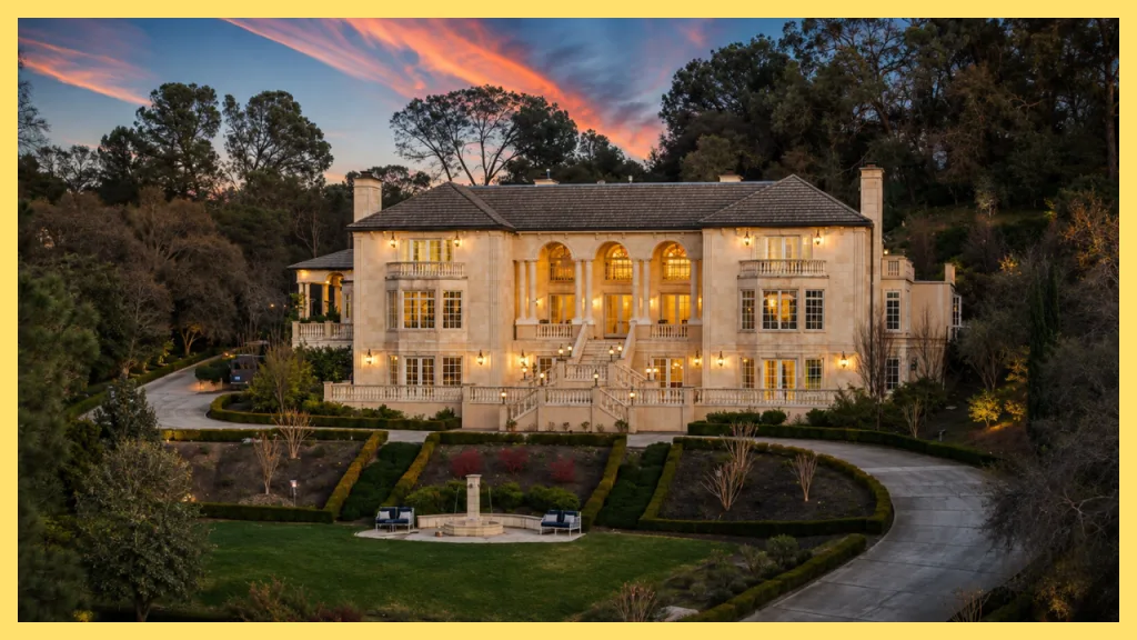 A grand luxury estate in Los Lagos, Granite Bay, California, featuring an elegant stone exterior, dramatic double staircase, manicured formal gardens, and a circular driveway at sunset. Surrounded by mature trees and private grounds, the home reflects the exclusive character of Los Lagos, a prestigious gated community known for custom estates, privacy, and upscale living.