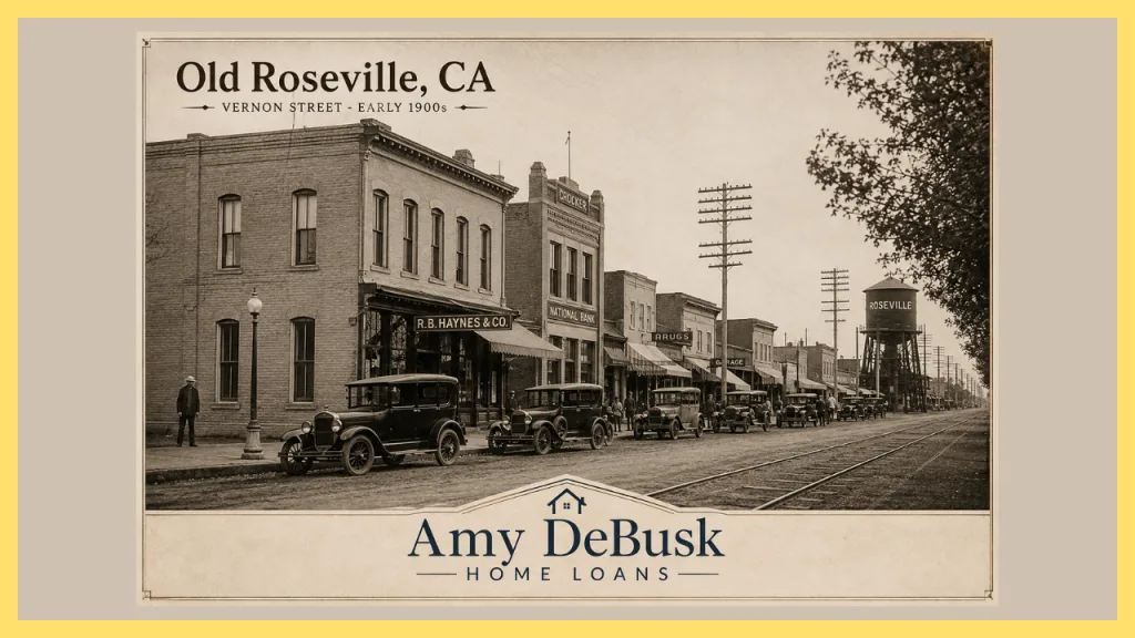 **Alt text:**

Vintage-style image of Old Roseville, California, showing historic Vernon Street with early 1900s storefronts, classic cars, railroad tracks, and the Roseville water tower.

