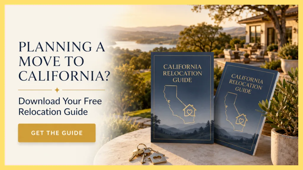 A promotional graphic encouraging relocation to California, featuring the headline 