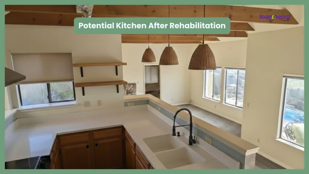 Kitchen renovation rendering showing updated white countertops, farmhouse sink, open shelving, pendant lighting, and modern finishes in an open concept living space.