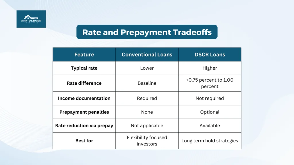Comparison chart from Amy DeBusk Home Loans explaining rate and prepayment tradeoffs between conventional loans and DSCR loans including rates documentation and penalty options.