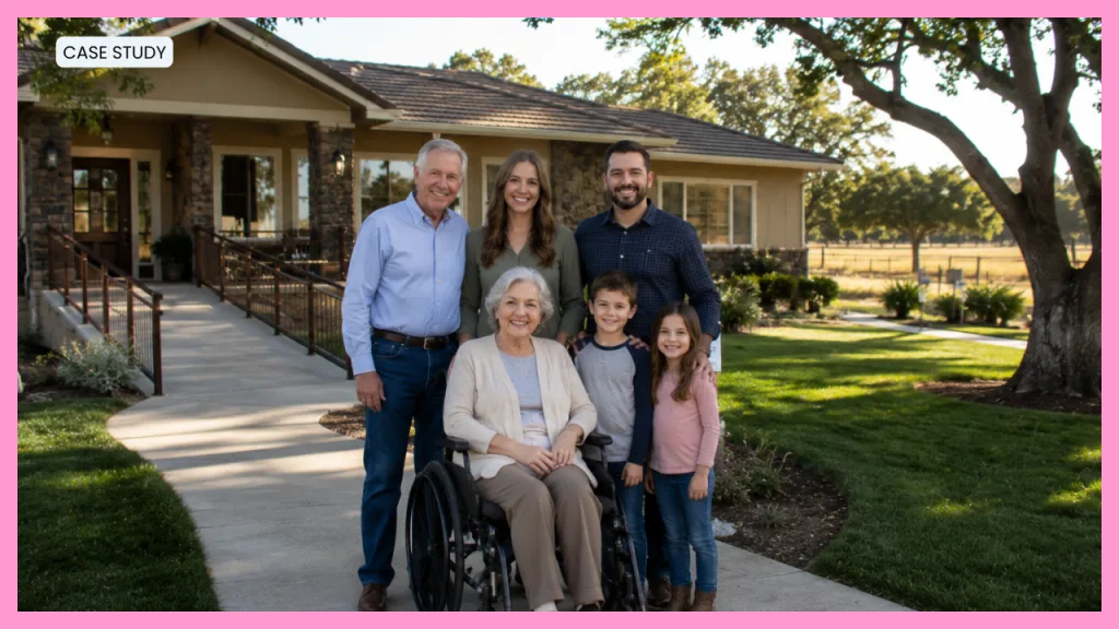 Multi generational family gathered outside an accessible Northern California home, featuring a wheelchair friendly entrance that supports aging in place and shared family living.