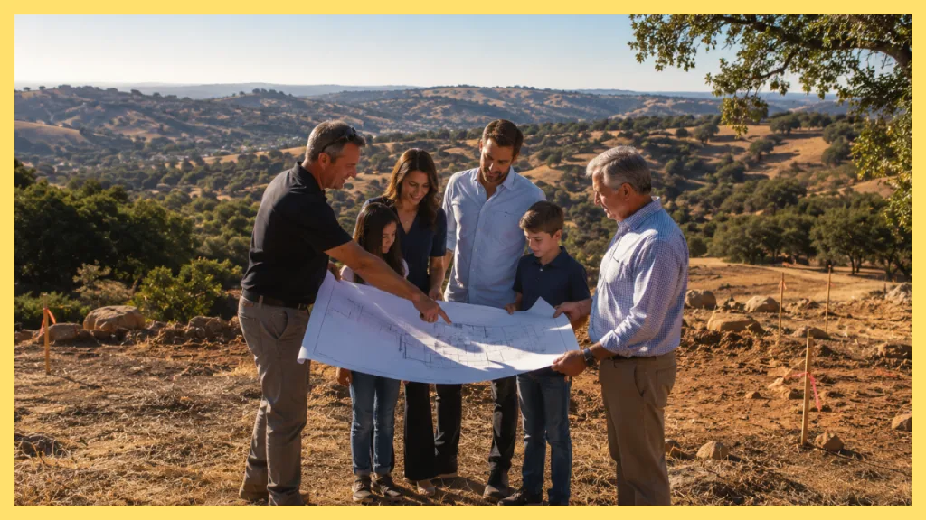 Family standing with a custom home builder and architect on a hillside homesite in Northern California, reviewing architectural blueprints for a future custom home while overlooking rolling hills, oak trees, and marked building stakes.