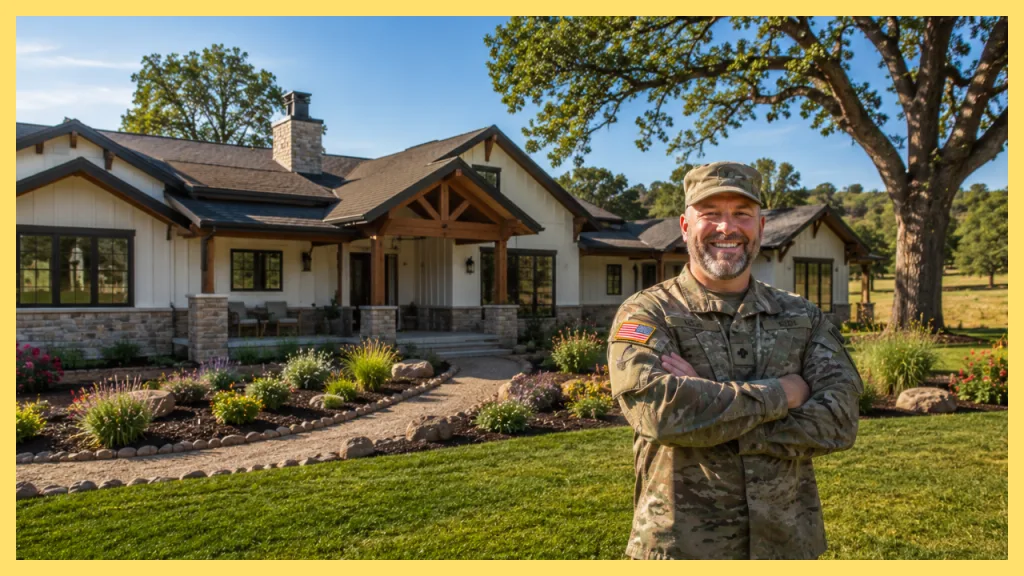 Proud military veteran standing in front of a beautifully renovated custom home on a landscaped acreage property, illustrating a successful long term homeownership strategy that included purchasing, renovating, building equity, and refinancing into a VA loan.