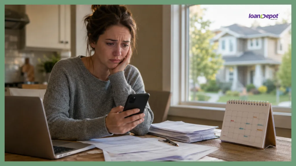 Worried homebuyer sitting at a kitchen table reviewing her phone with paperwork, a laptop, and calendar nearby, illustrating the stress of a down payment assistance program potentially delaying a home purchase.