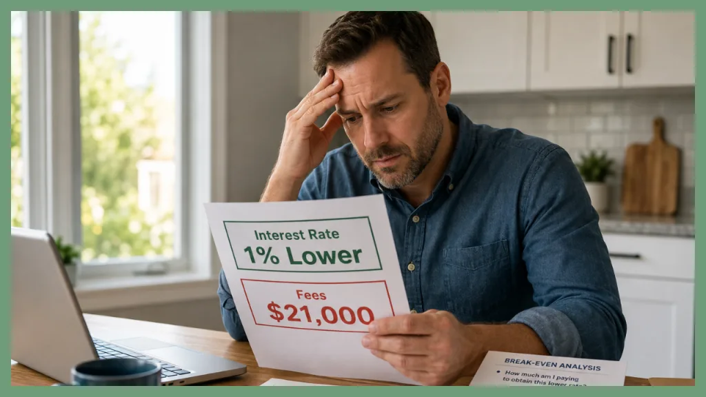 Concerned homeowner reviewing a mortgage offer showing an interest rate 1% lower but $21,000 in fees, illustrating why borrowers should compare total loan costs and break even timing instead of focusing only on the interest rate.