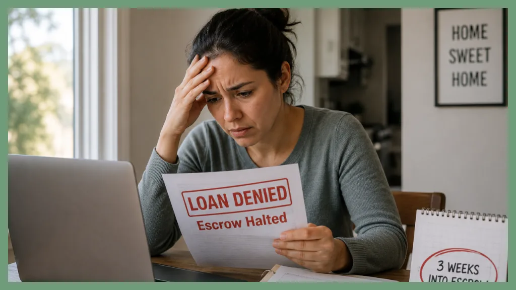 Distressed homebuyer reviewing a loan denial notice stating escrow was halted, illustrating a VA preapproval that fell through three weeks into escrow after an online lender denied the loan.