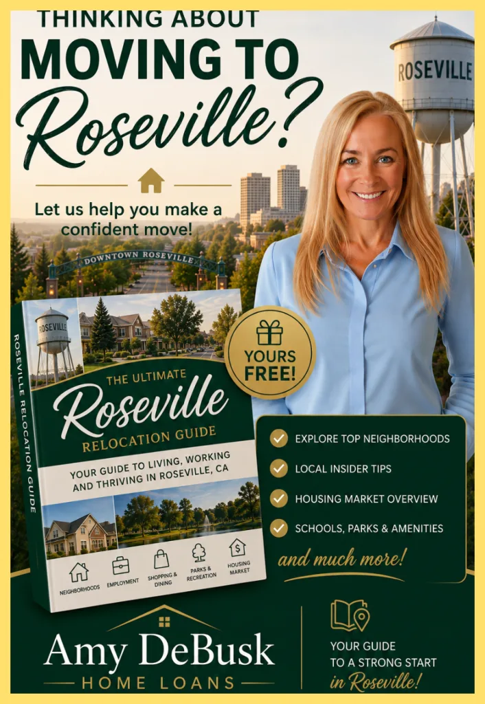**Alt text:**

Roseville relocation guide graphic featuring Amy DeBusk, the Roseville water tower and downtown area, promoting a free guide with neighborhoods, local tips, housing market information, schools, parks, and amenities.

