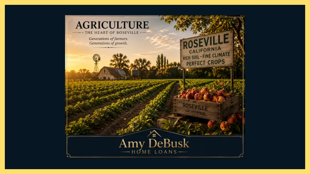 **Alt text:**

Vintage-style Roseville, California farm at sunset with crop fields, a barn, windmill, and crate of peaches, highlighting agriculture's role in Roseville's history and growth.

