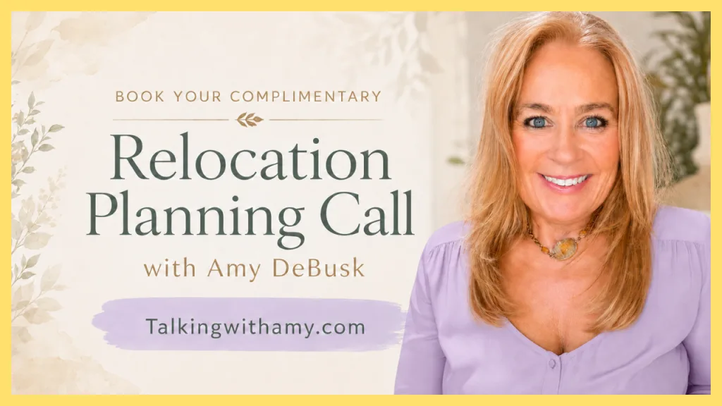 A promotional graphic inviting homebuyers and relocating families to book a complimentary relocation planning call with Amy DeBusk. The design features a professional portrait of Amy DeBusk alongside the text 