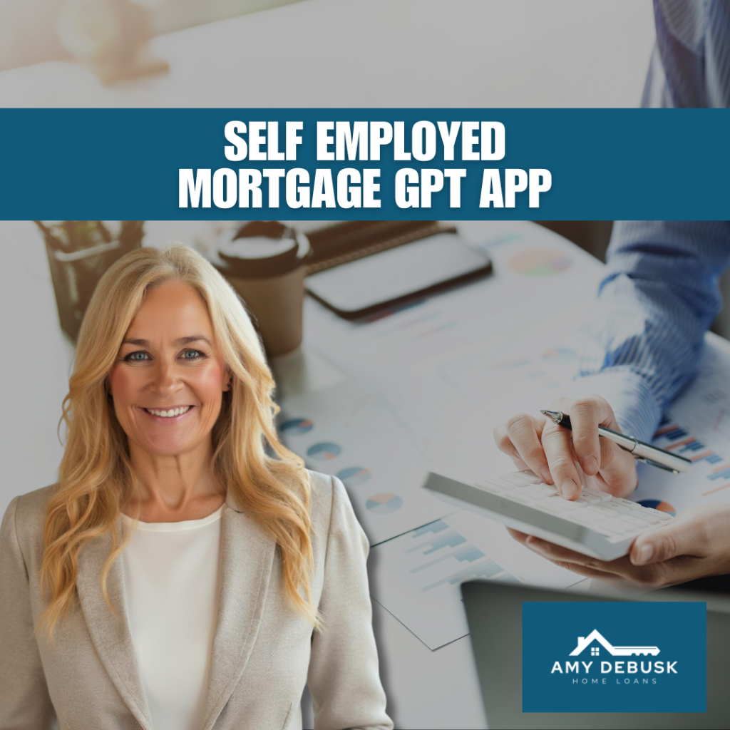 Amy DeBusk standing in front of financial charts promoting the Self Employed Mortgage GPT App, a digital tool that helps entrepreneurs understand Bank Statement Loans and qualify for a home loan through Amy DeBusk Home Loans.