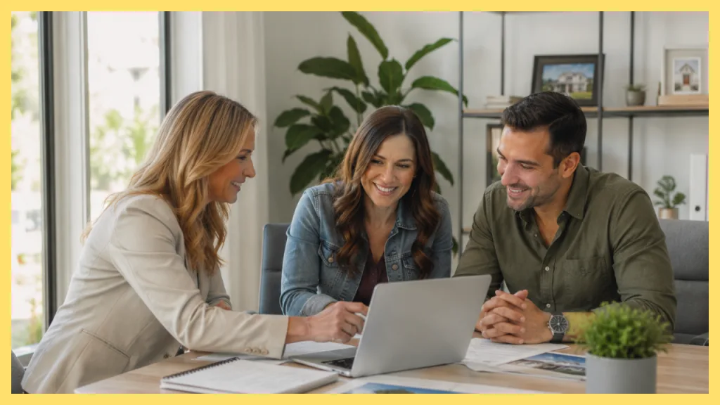 Mortgage advisor meeting with a couple to review home financing options, transition strategies, and a personalized plan for buying their next home.