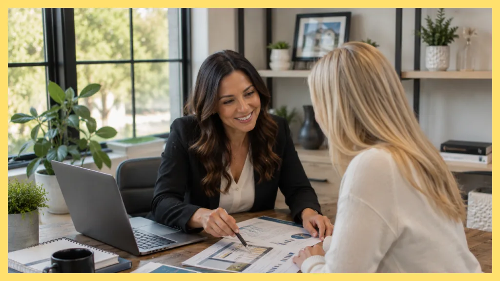 Homeowner meeting with a mortgage advisor to review home equity, property value, and financial options before buying a new home.