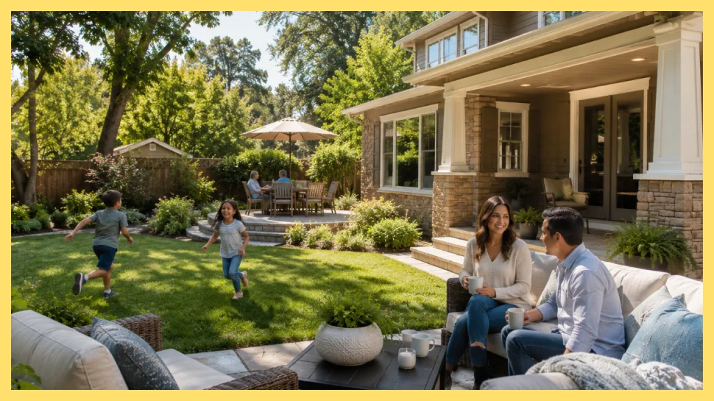 Family enjoying a spacious backyard at a beautiful Northern California home, illustrating the lifestyle, outdoor living, and long term financial planning that come with a dream home.