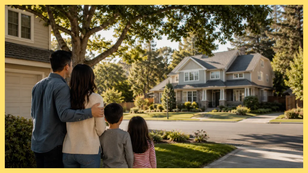 Family standing outside their current home while looking at a larger home across the street, representing the decision to buy first, sell first, or coordinate both during a move up purchase.