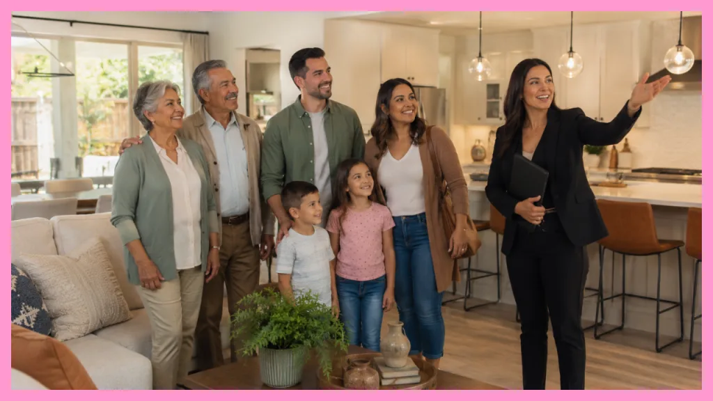 Multi generational family touring a new home with their real estate agent, exploring the layout together before moving forward with the home buying process.
