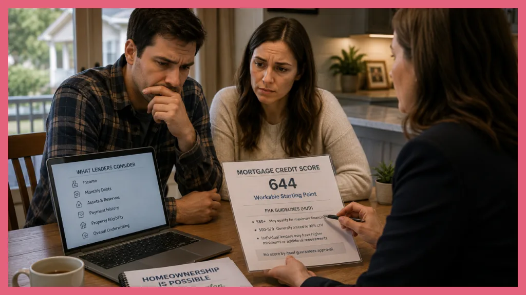 Concerned couple meeting with a mortgage professional who explains a 644 credit score and FHA guidelines, showing how credit is one factor lenders consider when evaluating home loan eligibility.