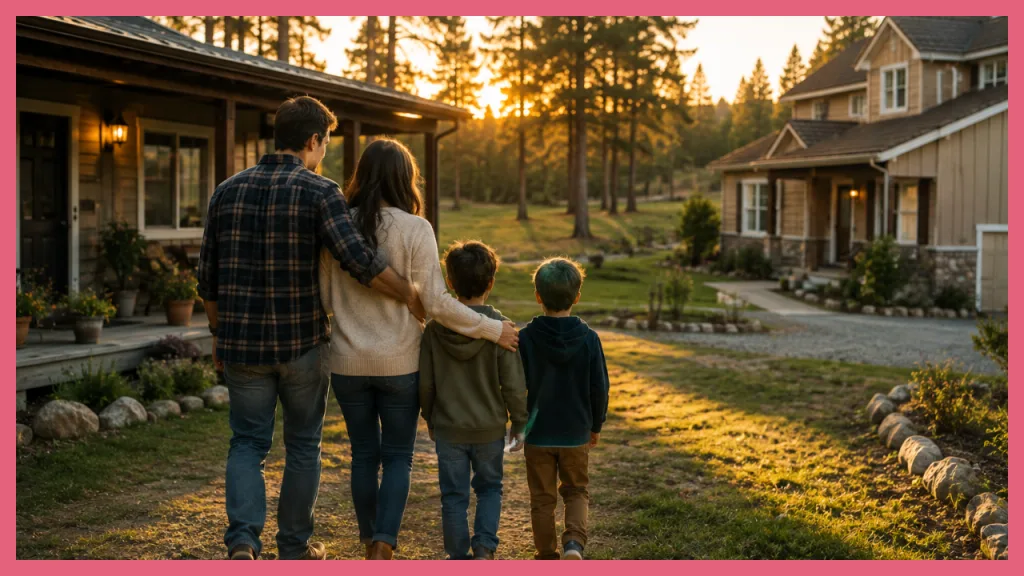 Family of four walking together between homes in a peaceful wooded neighborhood at sunset, representing a family move and the beginning of a new chapter.