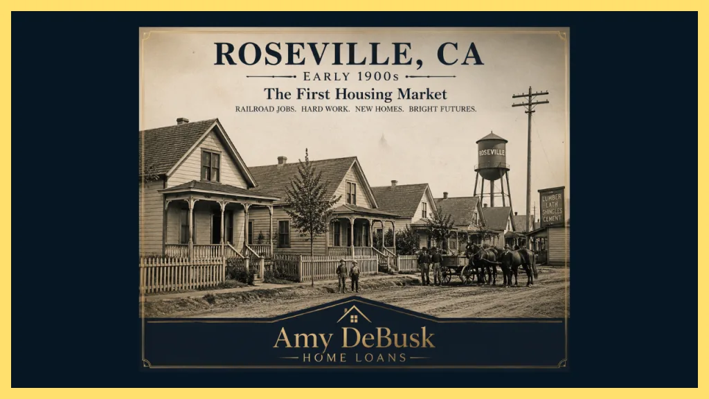 **Alt text:**

Vintage-style early 1900s Roseville, California neighborhood with modest homes, residents, a horse-drawn wagon, and the Roseville water tower, illustrating the city's first housing market shaped by railroad jobs.

