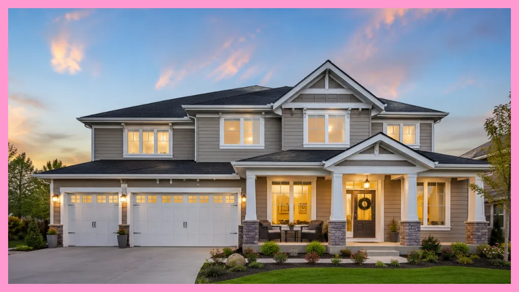 Front exterior of a beautiful two story Northern California home at sunset with a three car garage, covered front porch, and professionally landscaped yard, representing the dream of homeownership.