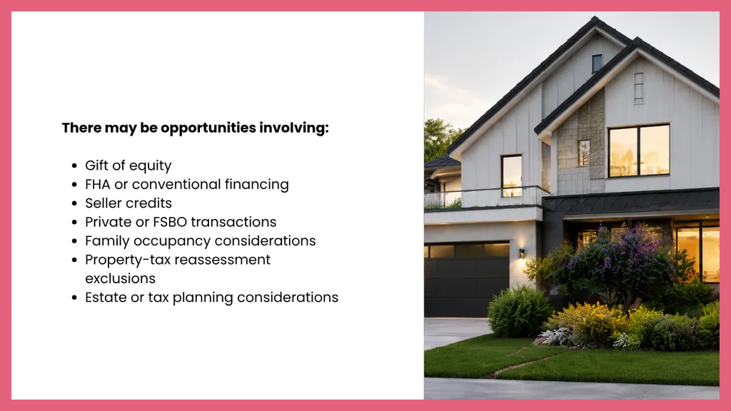 Modern two story home alongside a list of potential considerations when buying a parents' house, including gift of equity, FHA or conventional financing, seller credits, private sales, family occupancy, property tax reassessment exclusions, and estate or tax planning.