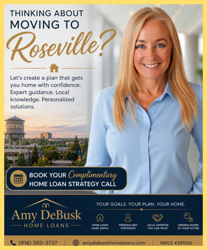 **Alt text:**

Roseville relocation graphic featuring Amy DeBusk, the Downtown Roseville arch and water tower, inviting homebuyers to book a complimentary home loan strategy call for personalized mortgage guidance.

