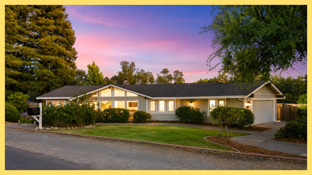 A well maintained single story home in Treelake Village in Granite Bay, California, featuring a spacious front lawn, mature shade trees, established landscaping, and a quiet residential street at sunset. The image reflects the welcoming character of Treelake Village, a neighborhood known for its family friendly atmosphere, nearby parks, and convenient access to schools, shopping, and recreation.