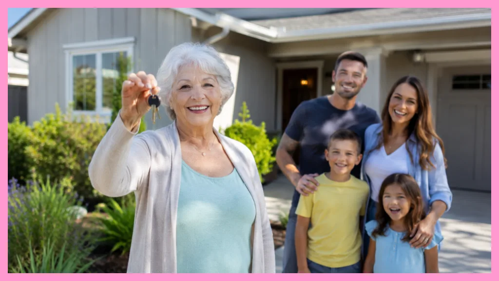 Older mother proudly holding the keys to her new home while standing with her adult children and grandchildren, celebrating a multigenerational home purchase that brings the family together.