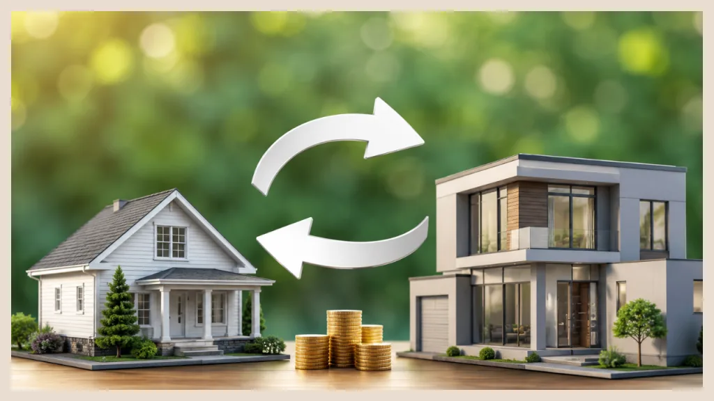 Illustration of a reverse 1031 exchange showing a property owner acquiring a new investment property before selling an existing one, represented by two homes, exchange arrows, and stacked coins.