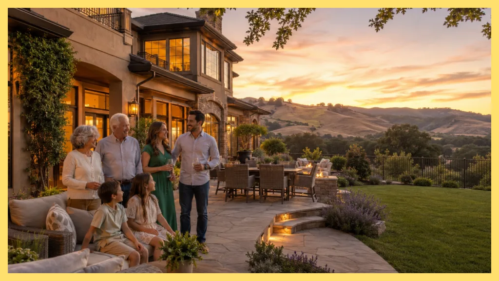 Multi generational family gathered outside a beautiful Northern California home with a spacious backyard, outdoor living area, and scenic rolling hill views at sunset.