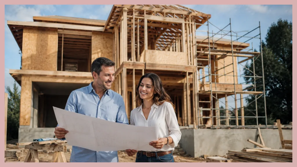 A couple reviewing construction blueprints in front of a custom home under construction with exposed wood framing and scaffolding. The image represents a Two Time Close construction loan, where the construction financing and permanent mortgage are completed as two separate loans, allowing borrowers to secure long term financing after the home is finished.