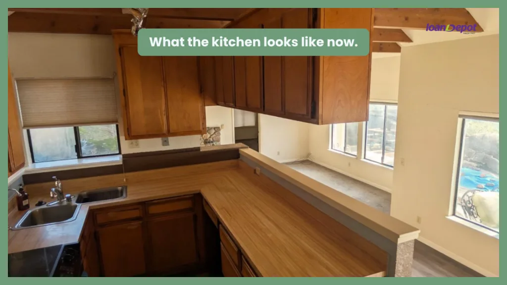 Outdated kitchen with dark wood cabinets, laminate countertops, and a pass through opening, shown before a planned renovation project.