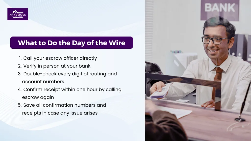 Checklist for what to do the day of a real estate wire transfer to avoid fraud and verify escrow details.