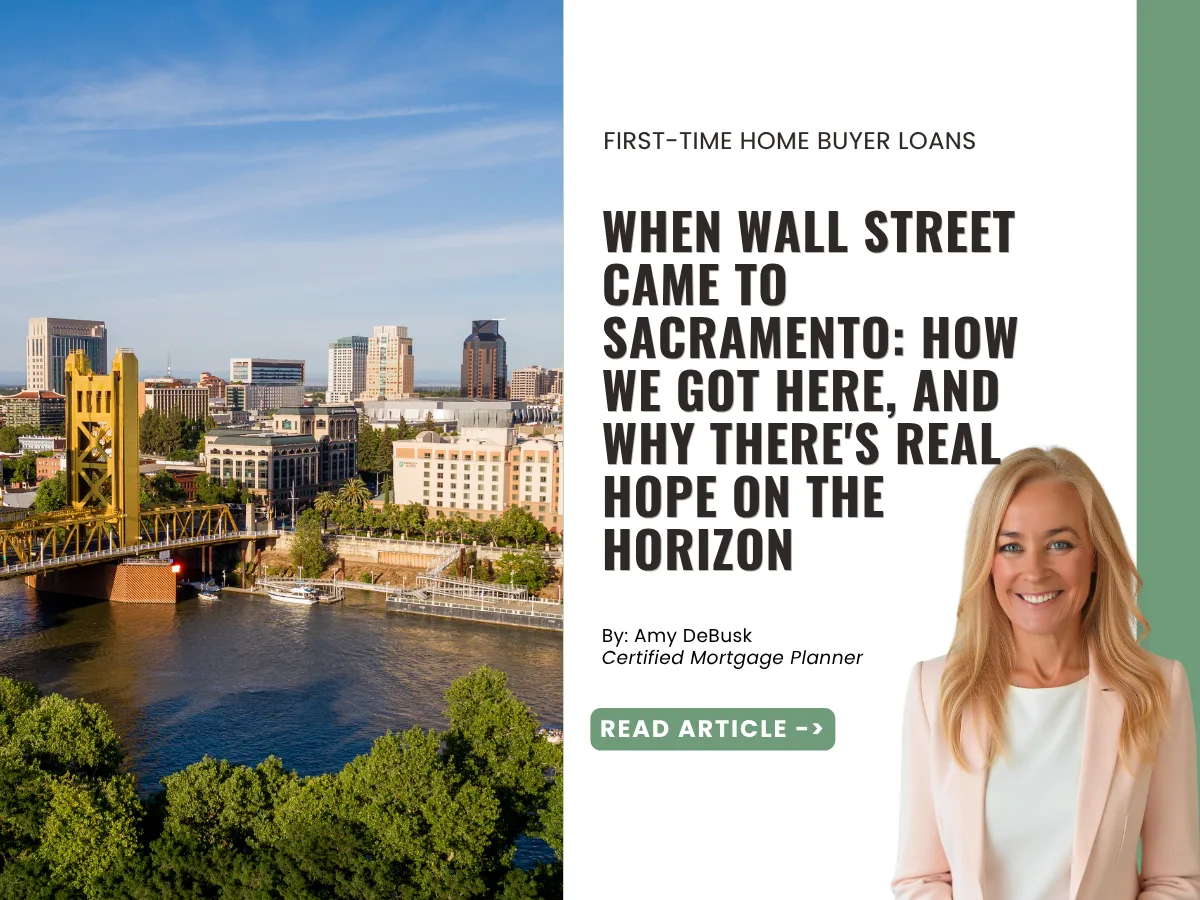Sacramento skyline and Tower Bridge featured in a housing market article discussing institutional investors, housing shortages, and future opportunities for homebuyers.
