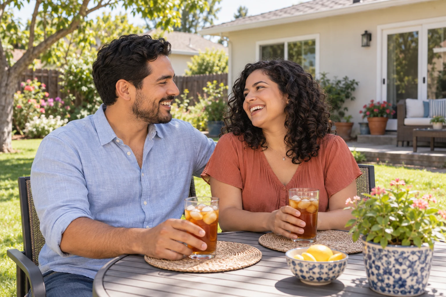 A couple enjoying iced tea together in their sunny backyard